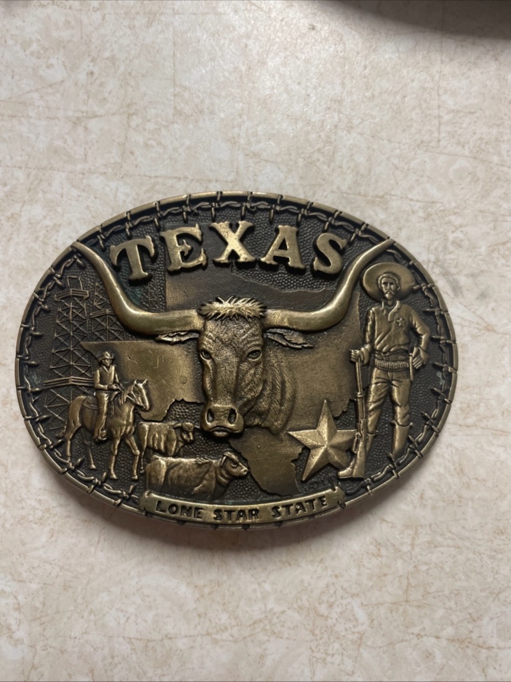 Texas Lone Star Brass Western Belt Buckle - Antique Gold Finish